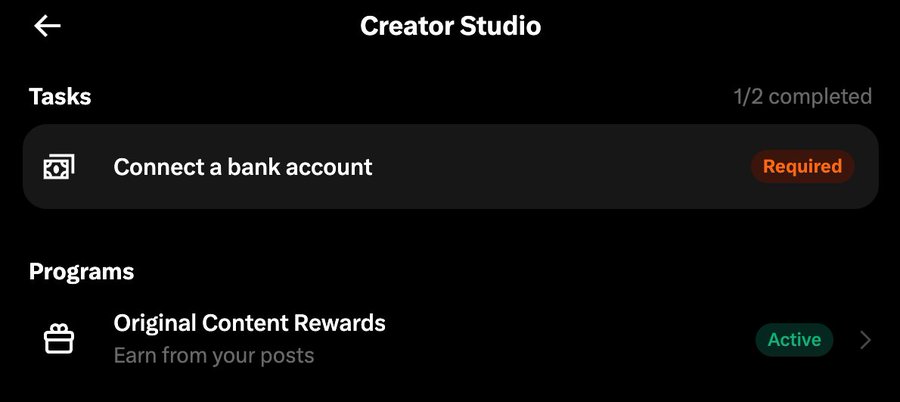 Screenshot of a Creator Studio interface showing a Tasks section with 'Connect a bank account' marked as Required (1/2 completed), and an Active 'Original Content Rewards' program to earn from posts.