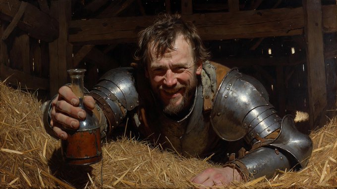 Medieval knight in armor lying in hay holding a tankard, smiling joyfully in what appears to be a barn setting.