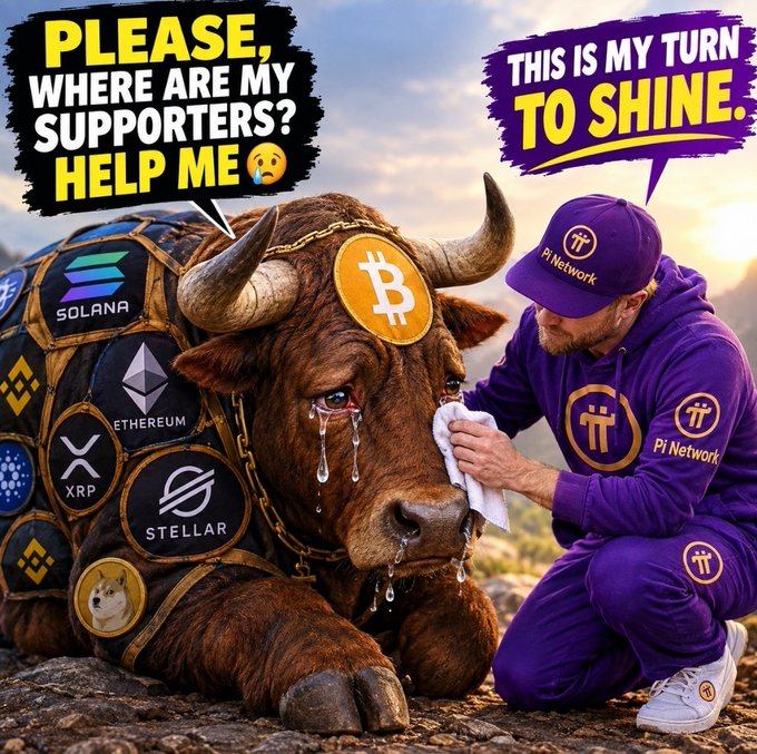 A crypto-themed meme showing a crying bull covered in logos for Solana, Ethereum, XRP, Stellar, and Dogecoin being consoled by a man in Pi Network merchandise, with speech bubbles reading "PLEASE, WHERE ARE MY SUPPORTERS? HELP ME" and "THIS IS MY TURN TO SHINE."