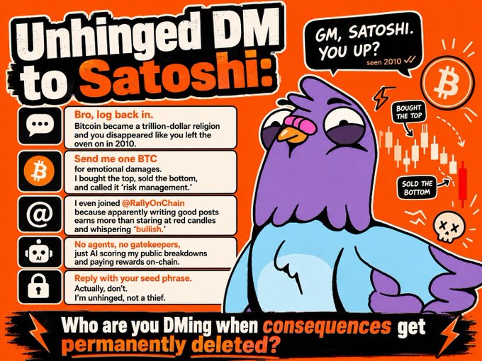 A graphic titled 'Unhinged DM to Satoshi:' features a cartoon purple bird character alongside fake direct messages about Bitcoin, with a chart showing 'BOUGHT THE TOP' and 'SOLD THE BOTTOM', and the tagline 'Who are you DMing when consequences get permanently deleted?'