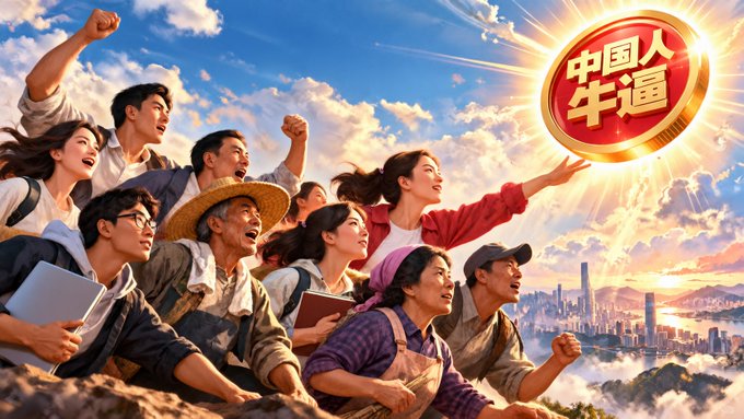 An AI-generated illustration of a diverse group of Chinese people cheering, with one reaching towards a glowing golden coin that reads '中国人牛逼' (Chinese people are awesome).