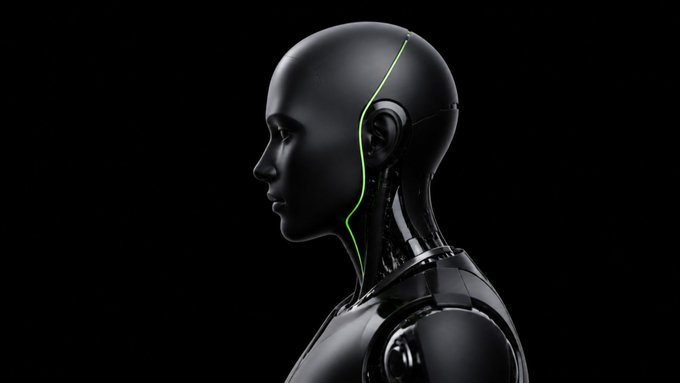 A sleek black humanoid robot with a glowing green line tracing its profile is shown in side view against a dark background, symbolizing the AI-driven, mechanical precision of Agent OBS. The image visually reinforces the post's message about a trading agent enforcing strict entry conditions regardless of other favorable token assessments, emphasizing disciplined, automated timing over superficial checks.