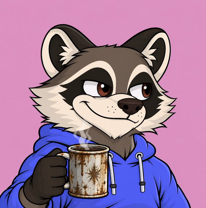 An illustration of a cartoon raccoon character wearing a blue hoodie and holding a rusted tin mug against a pink background.