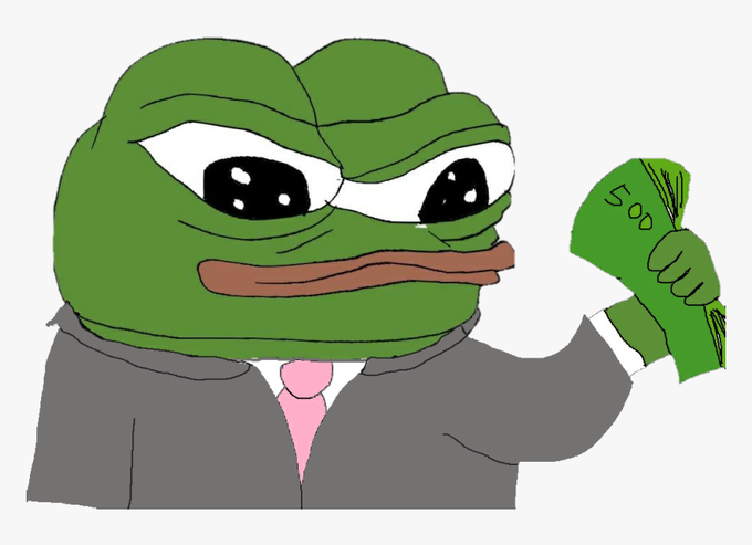 A Pepe the Frog character in a business suit proudly holds up cash marked "500," symbolizing "smart money" accumulating wealth while retail investors chase trends—visually reinforcing the post's message about where informed capital flows versus where attention-driven money follows.