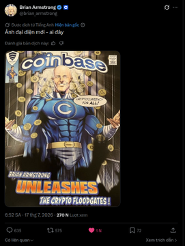 A tweet from Brian Armstrong (@brian_armstrong) featuring a parody comic book cover titled 'COINBASE' with 'Brian Armstrong Unleashes the Crypto Floodgates!', captioned in Vietnamese 'Anh đại diện mới - ai đây' (My new representative - who is this).
