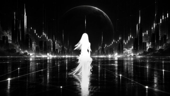 A black and white digital artwork depicting a silhouetted female figure with flowing hair standing on a reflective grid floor, facing a futuristic cityscape with towering buildings and a large moon in the background.