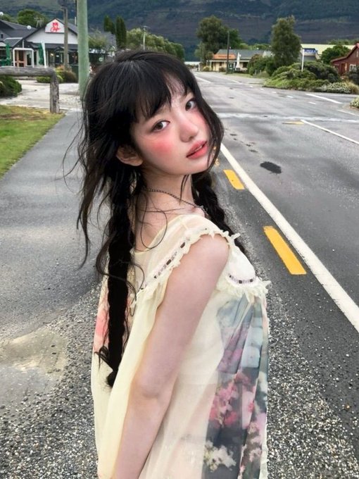 A young woman with long dark hair in a braid and a floral dress stands on the side of a road, looking back over her shoulder at the camera.