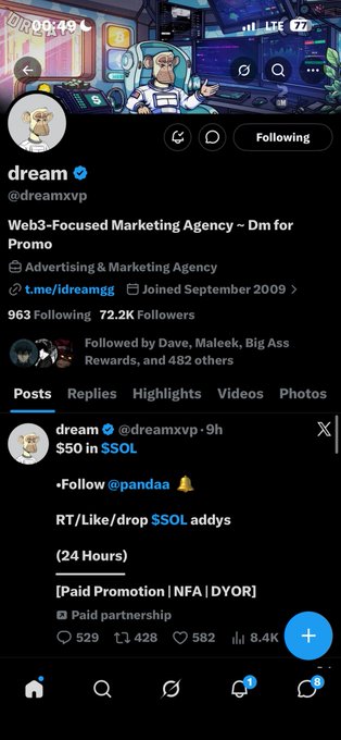 The image shows a Twitter account with a post that reads "First win Panda, thanks for this opportunity fam BakyXRTtW2cdivHrqoENQhSfaMjGLRgDudV8QSBGcKNf". The post is about an achievement or success in the form of a game. The account has multiple followers and is named "dream", which suggests that it might be related to a gaming community, such as DreamWorks or another popular gaming company.