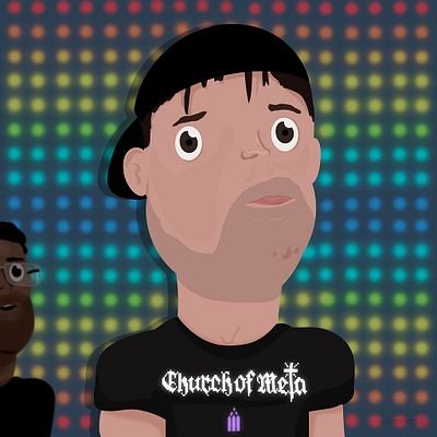 A cartoon-style avatar of a man wearing a black cap and a black shirt reading 'Church of Meta', set against a colorful dotted background.