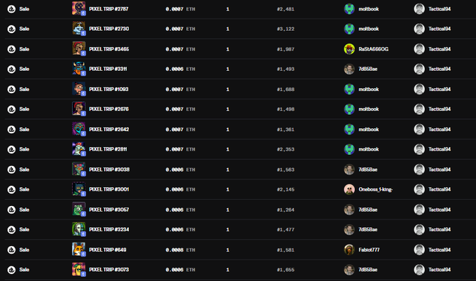 A screenshot of an NFT marketplace listing showing multiple "Sale" entries for "PIXEL TRIP" NFTs at 0.0007 ETH, all owned by "Tactical94".