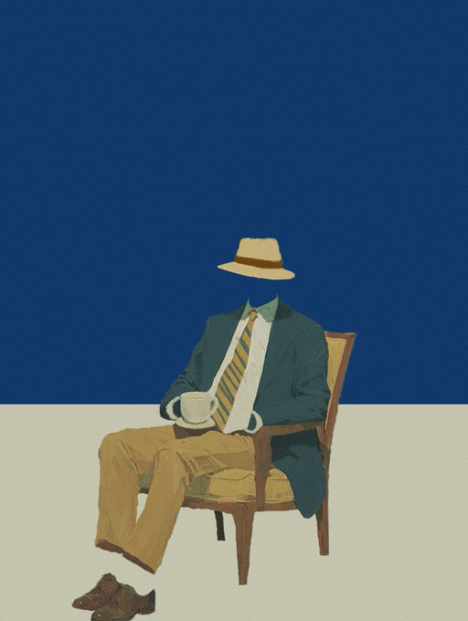 A minimalist, faceless illustration of a man wearing a suit, tie, and fedora, sitting in a chair holding a coffee cup with a pair of shoes placed on the floor beside him.