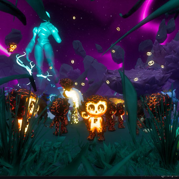 A vibrant, otherworldly video game scene featuring lava-textured characters, a glowing teal humanoid figure, floating pumpkin-like entities, and neon pink skies.