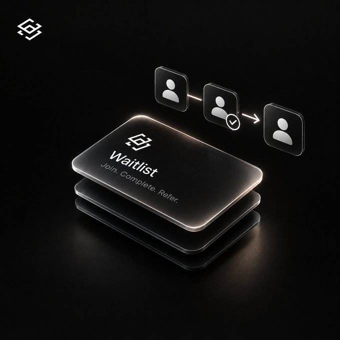 A dark, sleek digital graphic showing a 3D card labeled 'Waitlist' with 'Join. Complete. Refer.' below it, alongside icons illustrating a referral process.