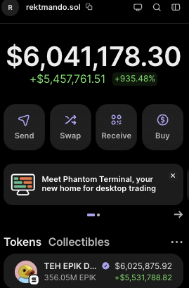 A Phantom wallet screenshot showing a portfolio value of **$6,041,178.30**, with the largest holding being **356.05M $EPIK (TEH EPIK D...) valued at $6,025,875.92 (+$5,531,788.82)** — illustrating massive gains on the $EPIK token that the post is campaigning to promote.
