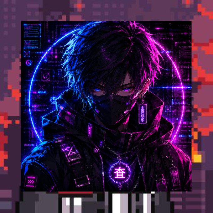 An anime-style illustration of a cyberpunk character with dark hair, a face mask, and a glowing purple pendant with Chinese characters, set against a neon-lit digital background.