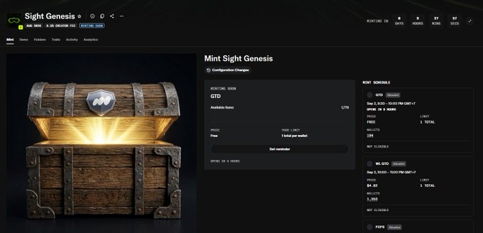 A Web3 dashboard displays the "Sight Genesis" NFT collection by SIGHT, featuring an open treasure chest graphic with minting details including a GTD price of 0.00 and 1,796 available items out of a limit of 1 per wallet. The interface also shows a mint schedule and whitelist information, aligning with the post's reminder about the 9:30 PM GMT+7 mint event.