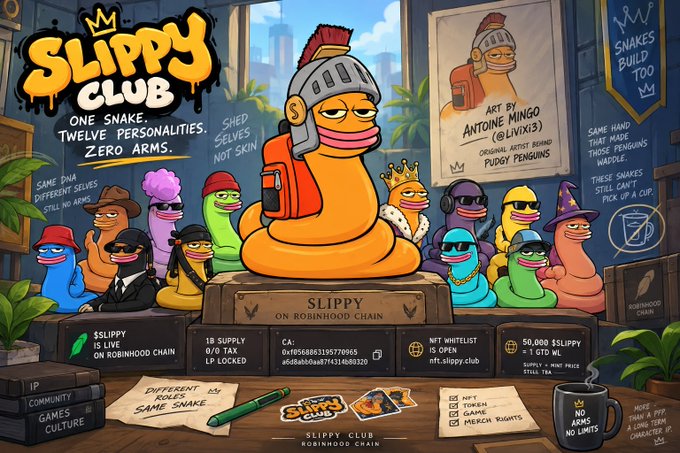 A promotional image for 'SLIPPY CLUB ROBINHOOD CHAIN' featuring cartoon snake characters with text 'ONE SNAKE. TWELVE PERSONALITIES. ZERO ARMS.' and artist credit 'MINGO (@Livix13)'.