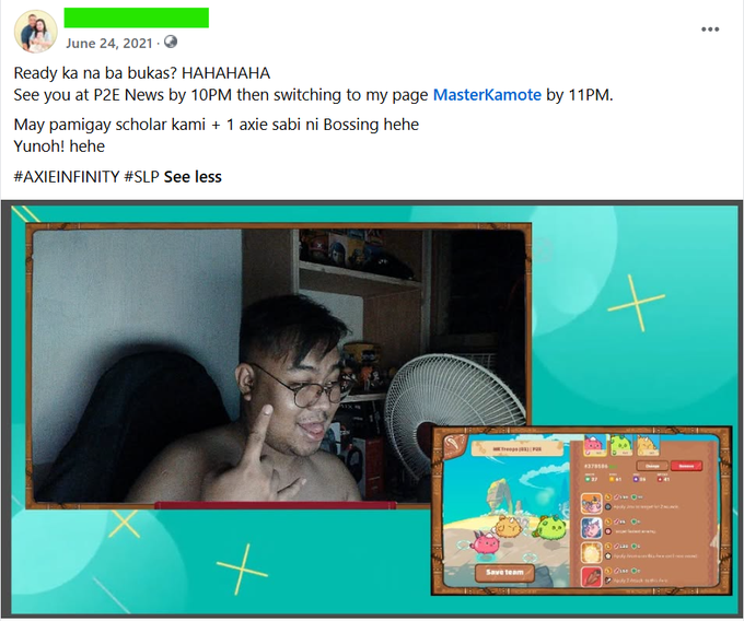 The image shows a person wearing glasses sitting at a desk with a computer screen displaying a video game, possibly Minecraft. The person appears to be making a peace sign or giving a thumbs up while playing the game. The caption of the image reads "@AxieInfinity #SalamatAxie". This suggests that the person is sharing their gaming experience on social media platforms like Twitter and Instagram.