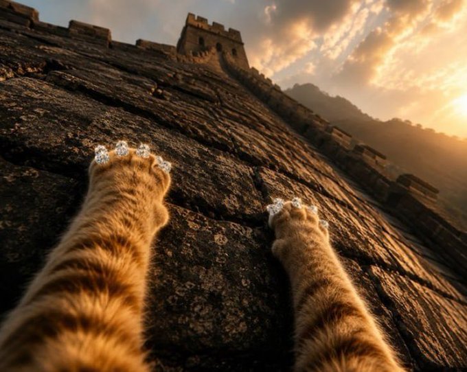 An artistic image showing the furry paws of a cat resting on a stone wall or pathway, with a view of a castle and sunset in the background.