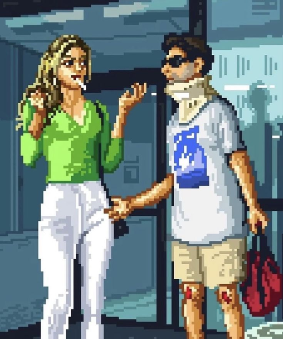 A pixel art illustration of a blonde woman in a green top and white pants holding hands with a bearded man wearing sunglasses, a face mask, and a white t-shirt, carrying a red bag.