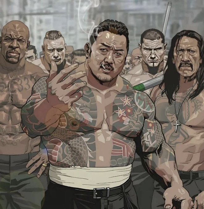 An illustrated group of heavily tattooed, shirtless men led by a central figure smoking a cigarette, with one man on the right holding a baseball bat.