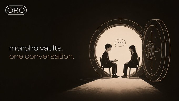 A dark promotional graphic with the 'ORO' logo and text reading 'morpho vaults, one conversation.' showing two illustrated figures sitting inside an open circular vault having a chat.