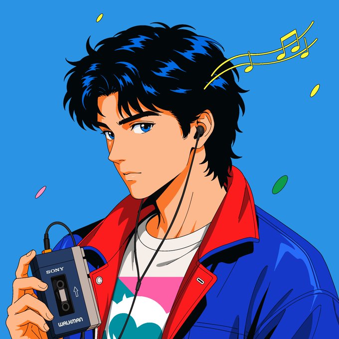 Anime-style illustration of a dark-haired young man wearing earbuds and holding a Sony Walkman cassette player, with musical notes floating around him against a blue background.
