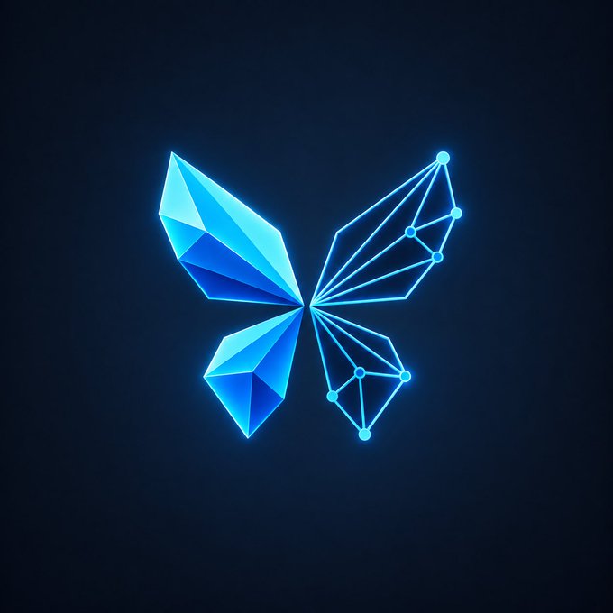 A glowing blue butterfly composed of faceted geometric shapes on the left and a network of connected nodes on the right, set against a dark background—symbolizing transformation and digital connection, fitting the crypto airdrop promotional post offering 5,000,000 $POXIS tokens to the first 500 participants.