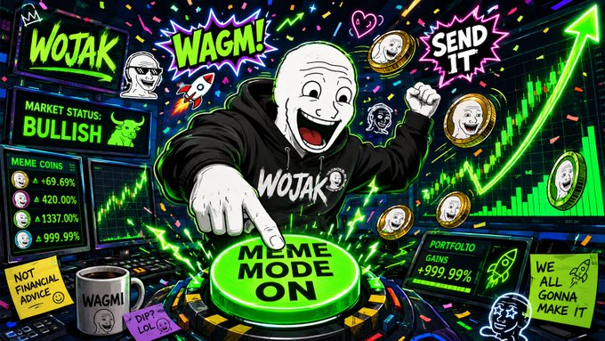 A vibrant meme-themed illustration featuring a Wojak character in a 'WOJAK' hoodie pressing a glowing green 'MEME MODE ON' button, with surrounding text including 'WAGM!,' 'SEND IT,' 'MARKET STATUS: BULLISH,' and 'MEME COINS' showing large percentage gains.