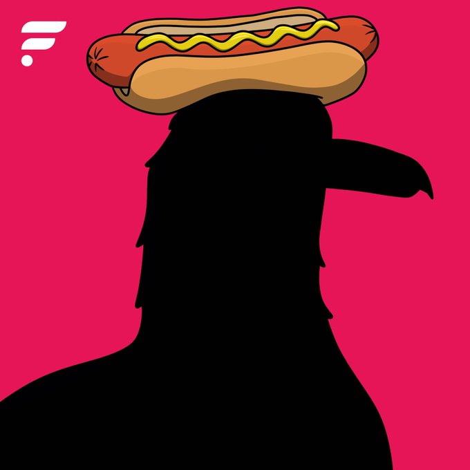 A silhouette of a person wearing a hot dog costume hat against a bright pink background, with a white logo in the top left corner.