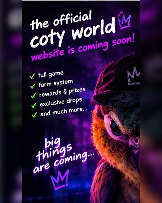 A promotional graphic for 'the official coty world' website featuring a character in a crown, listing features like full game, farm system, rewards & prizes, and exclusive drops.