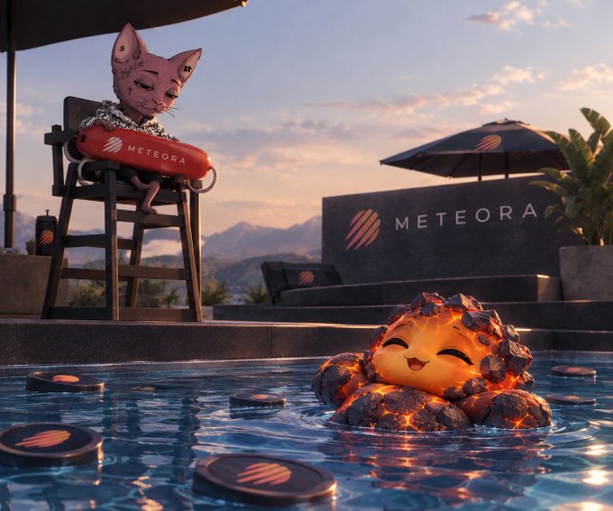 A whimsical scene features a hairless cat lifeguard holding a red "METEORA" rescue buoy while seated on a tall chair, watching over a pool where a cheerful lava-rock creature floats among branded discs, with the "METEORA" logo displayed on a stone wall in the background.
