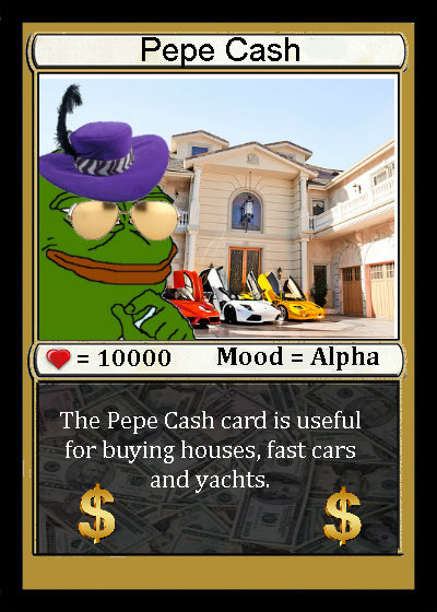 A digital trading card titled 'Pepe Cash' featuring a stylized Pepe the Frog character in a purple hat and sunglasses, with stats showing '10000' heart points, 'Mood = Alpha', and text describing it as useful for buying houses, fast cars and yachts.