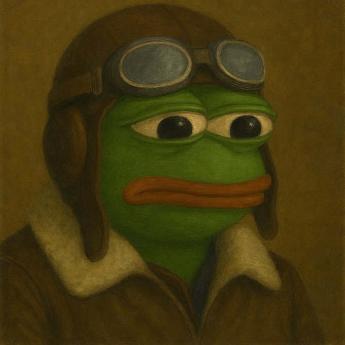 A Renaissance-style oil painting portrait of Pepe the Frog wearing a brown leather aviator cap with goggles and a shearling collar.