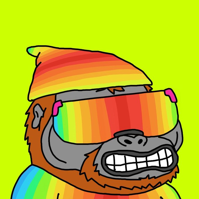 A cartoon illustration of a smiling gorilla wearing rainbow-striped sunglasses and a matching rainbow beanie, set against a bright yellow-green background.