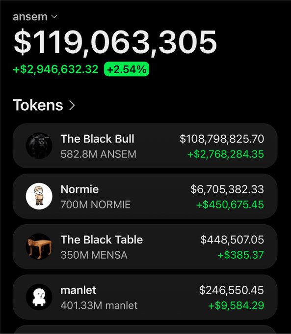 The image shows a portfolio tracker displaying "$119,063,305" under the user "ansem," up "+$2,946,632.32" or "+2.54%," with the four token holdings being "The Black Bull" (582.8M ANSEM, $108,798,825.70), "Normie" (700M NORMIE, $6,705,382.33), "The Black Table" (350M MENSA, $448,507.05), and "manlet" (401.33M manlet, $246,550.45). The post aligns with the image by celebrating that the $ANSEM portfolio is recovering in value, with the $2.9M daily gain supporting the optimism about an upcoming airdrop.