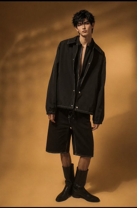 A model in a black denim jacket, black shorts, and tall boots poses against a warm orange-toned backdrop.