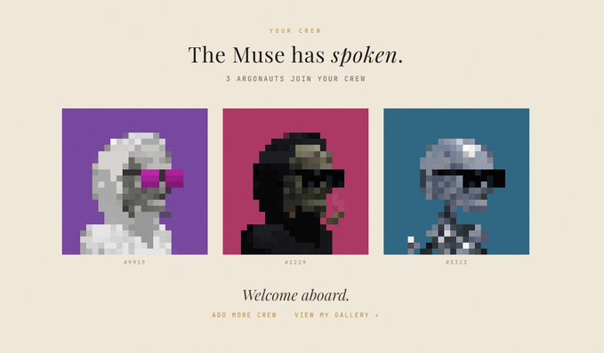 Webpage titled 'YOUR CREW - The Muse has spoken' displaying three pixel-art NFT character portraits numbered #9619, #1029, and #1323.