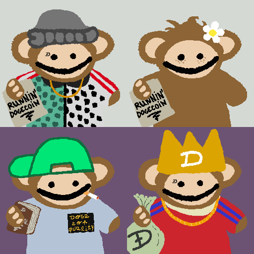 Four cartoon monkey-style figures appear, including characters with items labeled “RUNNIN DOGECOIN” and a crowned figure holding a money bag marked with a Dogecoin-style D.