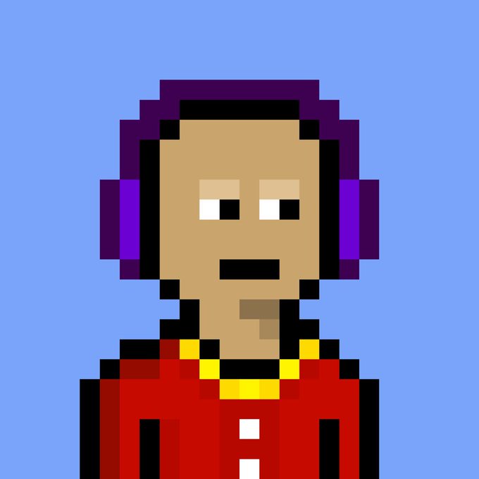 A pixel art portrait of a bald man wearing purple headphones, a gold chain, and a red jacket against a blue background.