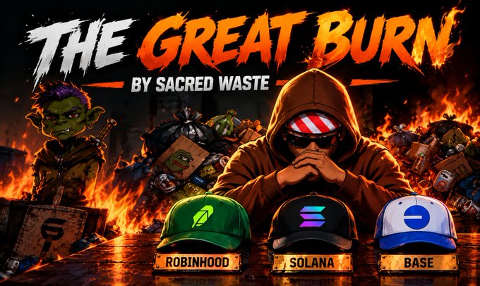 A promotional graphic titled 'THE GREAT BURN BY SACRED WASTE' showing a hooded figure with three caps labeled ROBINHOOD, SOLANA, and BASE, alongside a goblin character and burning trash.