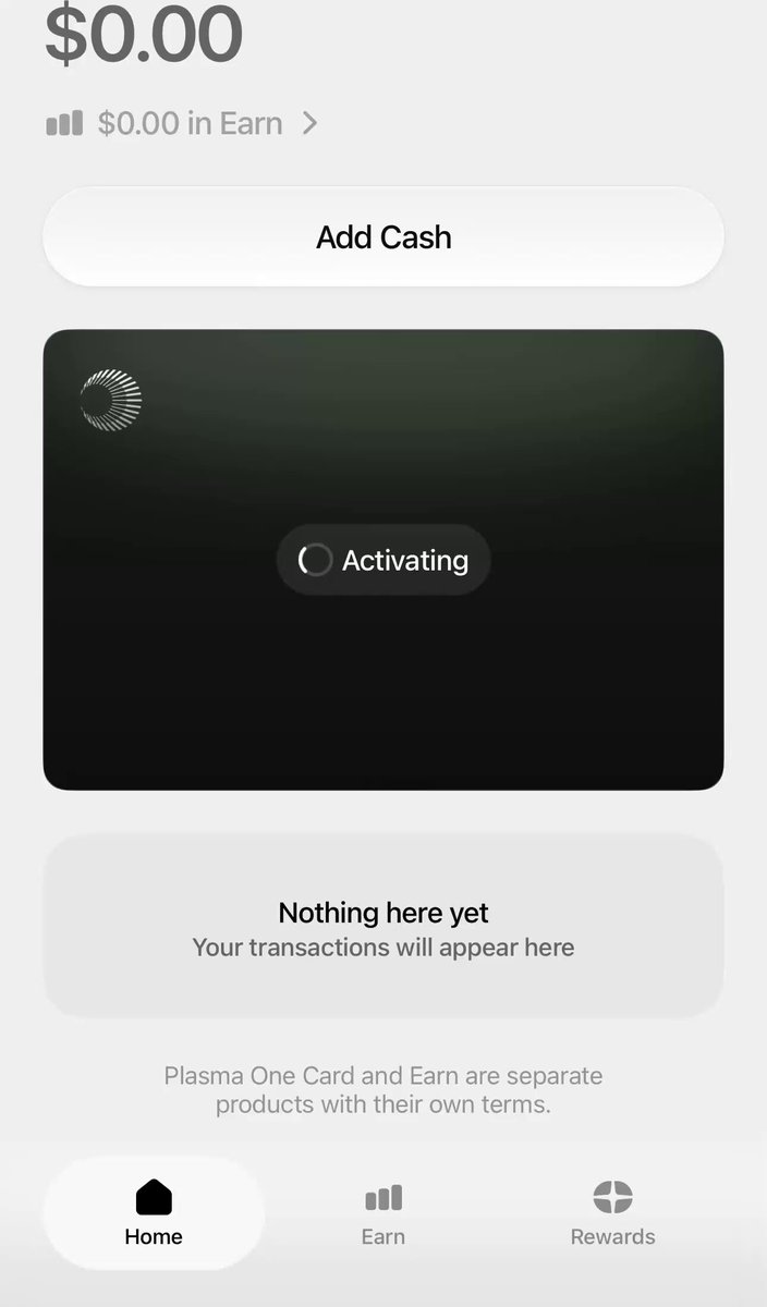 The image shows a phone screen displaying an app called "Plasma One" that has been activated. The app allows users to add cash as a payment option for purchases or transactions. It also provides information about the spend threshold needed to access certain features, such as rewards and discounts. The text in the image suggests that the user may need to set this spend threshold before using the app fully.