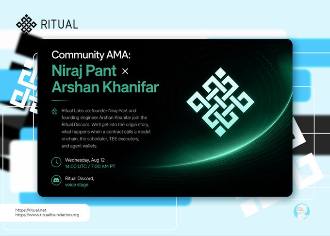 A promotional graphic for a Ritual Community AMA featuring Niraj Pant and Arshan Khanifar on Wednesday, Aug 12 at 14:00 UTC, with the Ritual logo and URLs ritual.net and ritualfoundation.org.