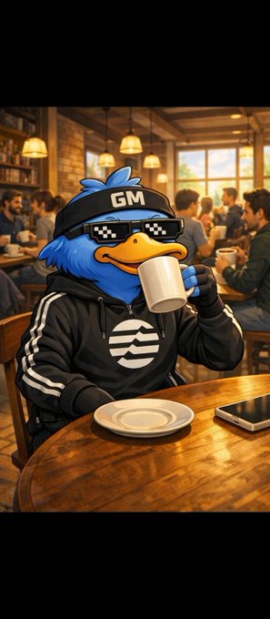 An illustration of a cartoonish blue duck character wearing pixelated sunglasses, a "GM" headband, and a black hoodie with white stripes, drinking from a white mug in a cafe setting.