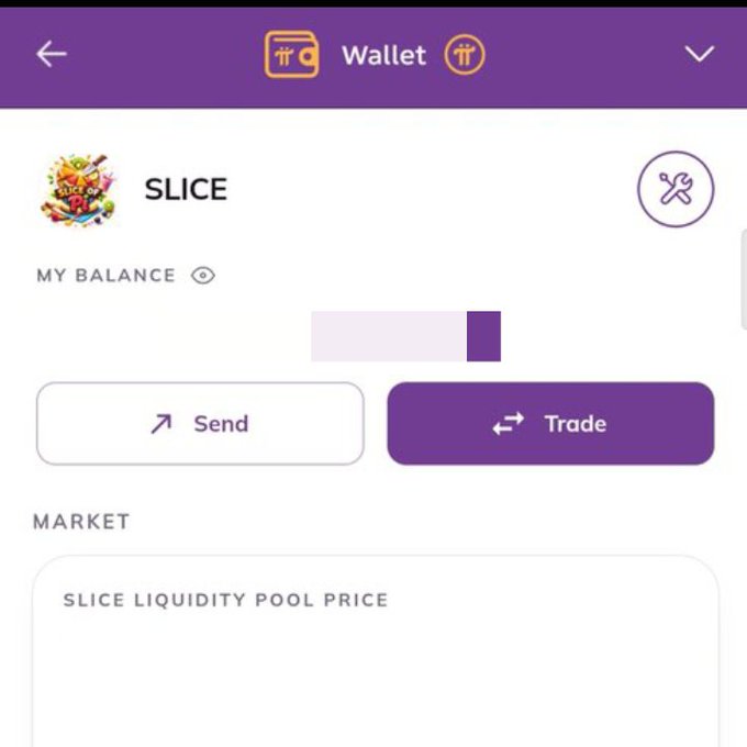 A screenshot of the Pi Network DEX wallet interface displaying the "SLICE" token balance page with options to "Send" or "Trade" and a "SLICE LIQUIDITY POOL PRICE" section, reflecting the refreshed, cleaner DEX and AMM design described in the post.