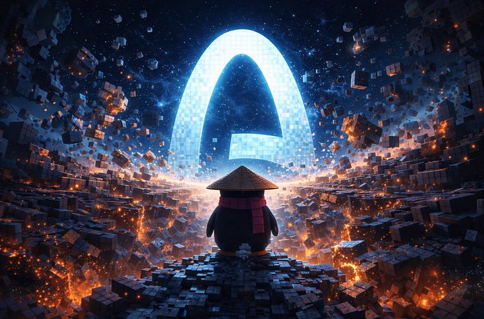 A small penguin-like character wearing a straw hat and red scarf stands on a brick platform, looking up at a massive glowing letter 'A' hovering over a floating, fragmented landscape under a starry sky.