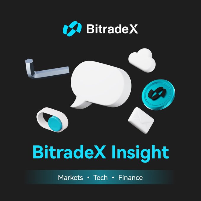 The image is a promotional graphic for "BitradeX Insight," featuring the BitradeX logo at the top and stylized 3D icons—including a speech bubble, cloud, coin, envelope, and chat notification—representing markets, tech, and finance, with those three topics listed at the bottom. The accompanying post highlights this week's featured stories, including a Coldcard wallet vulnerability tied to nearly $89M in stolen Bitcoin, underscoring the tech and finance themes illustrated by the graphic's icons.