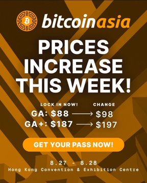A promotional graphic for "bitcoinasia" announces a price increase this week for passes to the August 27-28 event at the Hong Kong Convention & Exhibition Centre, with GA tickets rising from $88 to $98 and GA+ from $187 to $197. The image relates to the post by highlighting another major Web3/crypto event in Asia, this one focused on Bitcoin rather than Web3/stablecoins, though both target similar audiences of crypto enthusiasts and industry professionals.