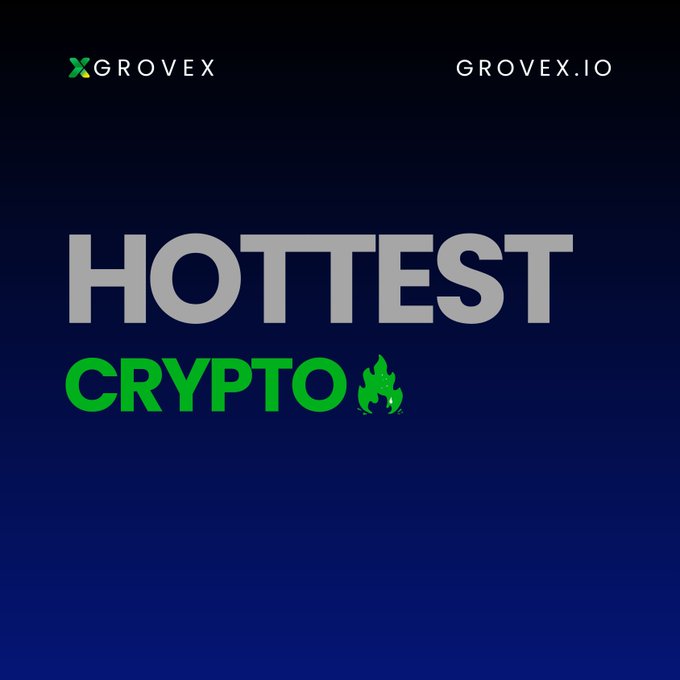 This graphic features a dark blue background with the bold text "HOTTEST CRYPTO" in gray and green, accompanied by the brand name "GROVEX" and the URL "GROVEX.IO." The image serves as a visual prompt for the accompanying post asking users to name the hottest cryptocurrency on their timeline.
