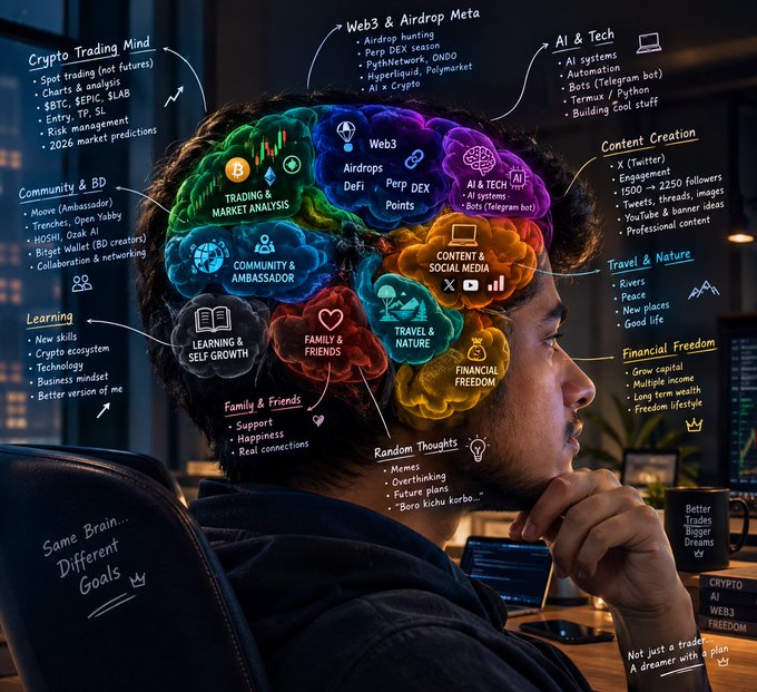 The image shows a person sitting in contemplation while a colorful, mind-map-style illustration overlays their head, breaking down their "brain" into labeled sections including "Crypto Trading Mind" (BTC, ETH, SEIC, SLAB), "Web3 & Airdrop Meta" (Perp DEX session, PytheNetwork), "AI & Tech" (AI systems, automation), "Content Creation" (X, Instagram, YouTube), "Community & BD" (Micro, TrexBee, OZAK AI), "Learning & Self Growth," "Travel & Nature," "Family & Friends," "Financial Freedom," and "Random Thoughts (Overthinking)." The image visually brings the post to life by humorously illustrating the constant mental juggling between crypto trading, airdrop hunting, AI work, content creation, community building, and personal life goals that the author describes.